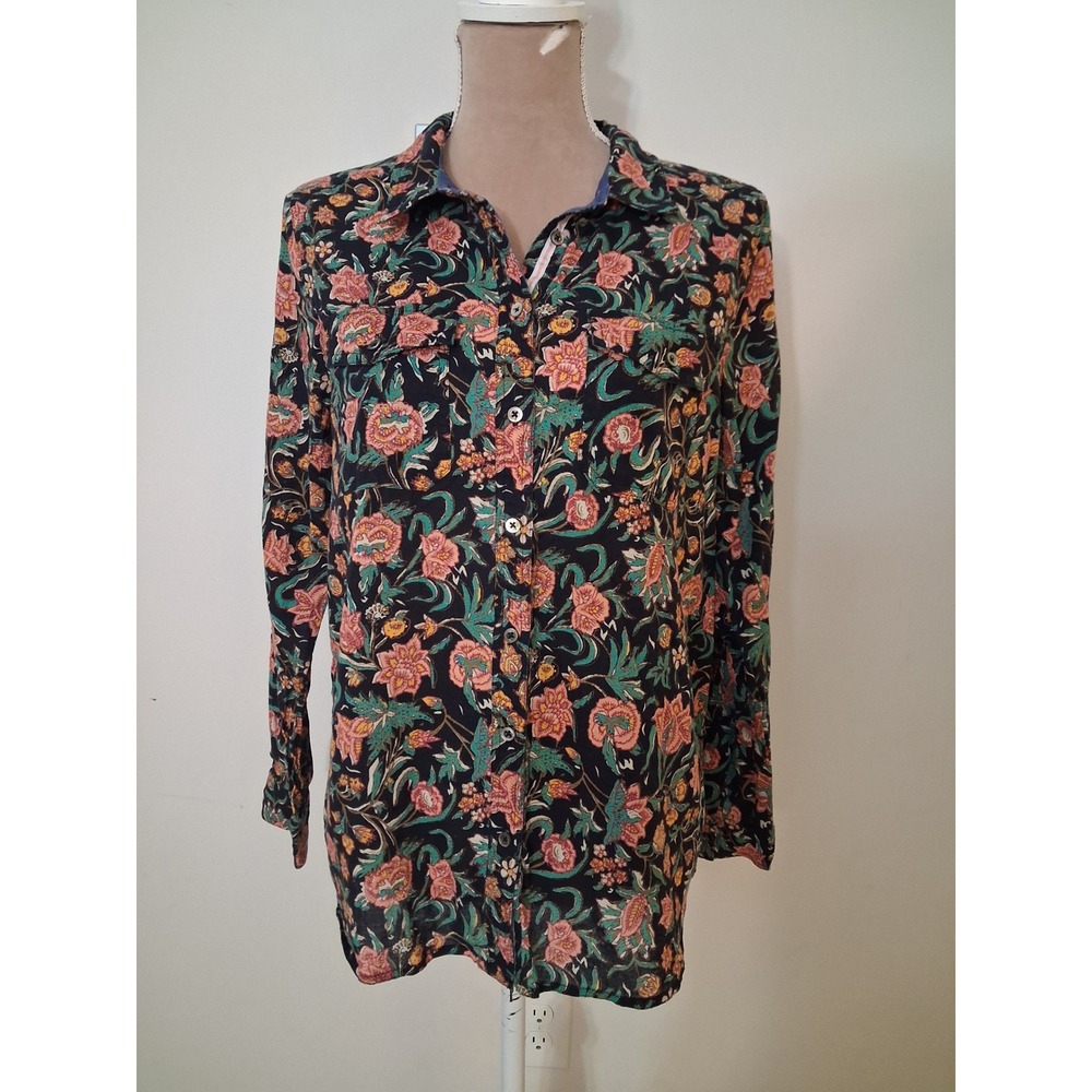 Sundance Womens Floral Button Down Shirt Navy Pink Orange Botanical Print Large